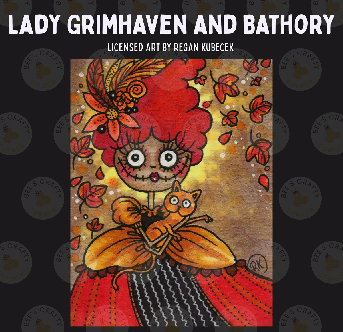 The image is a colorful illustration featuring a woman with a large headdress, holding a cat, surrounded by autumn leaves and flowers.