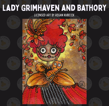 The image is a colorful illustration featuring a woman with a large headdress, holding a cat, surrounded by autumn leaves and flowers.
