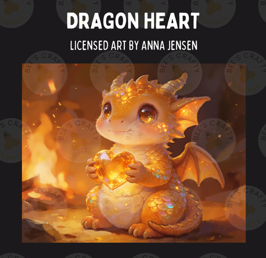The image is a digital illustration of a small, golden dragon holding a heart.