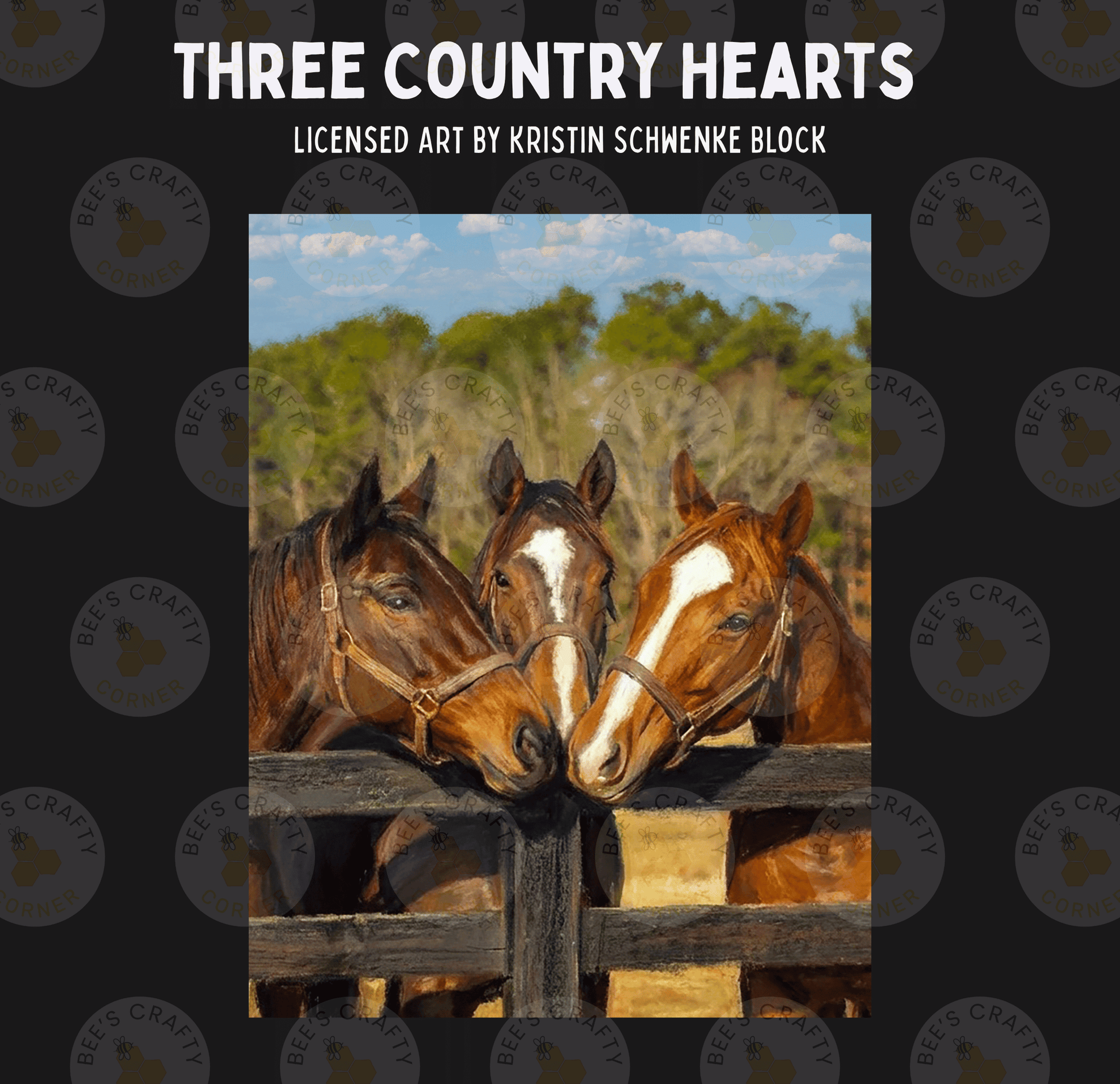 Three horses standing close together behind a wooden fence, with a clear blue sky and trees in the background.