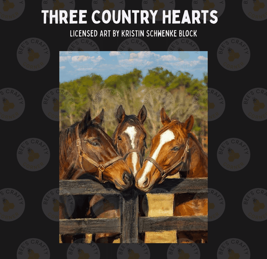 Three horses standing close together behind a wooden fence, with a clear blue sky and trees in the background.