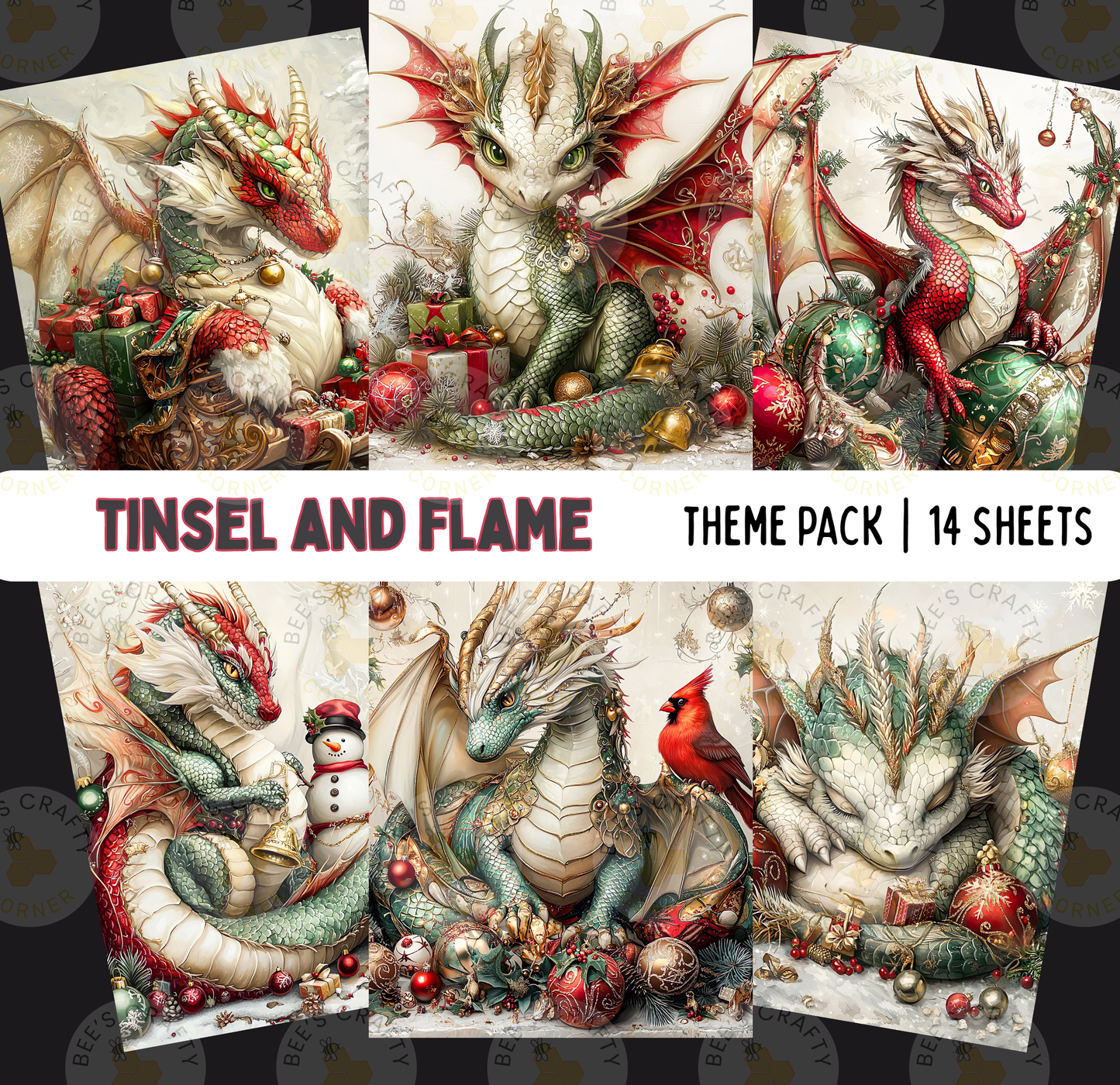 The image is a theme pack of 14 sheets featuring various detailed and colorful illustrations of dragons, including a tinsel and flame theme.