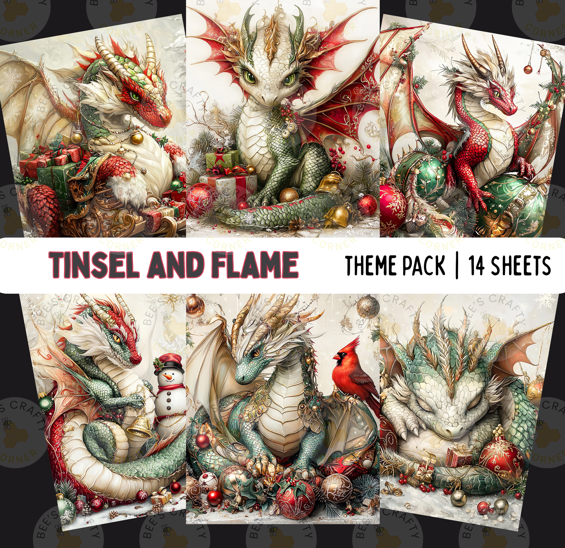The image is a theme pack of 14 sheets featuring various detailed and colorful illustrations of dragons, including a tinsel and flame theme.