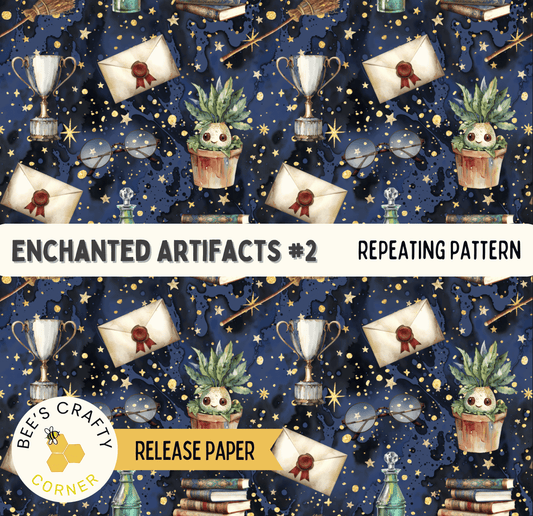 The image is a repeating pattern of various objects, including envelopes, trophies, plants, and books, against a starry night sky background.