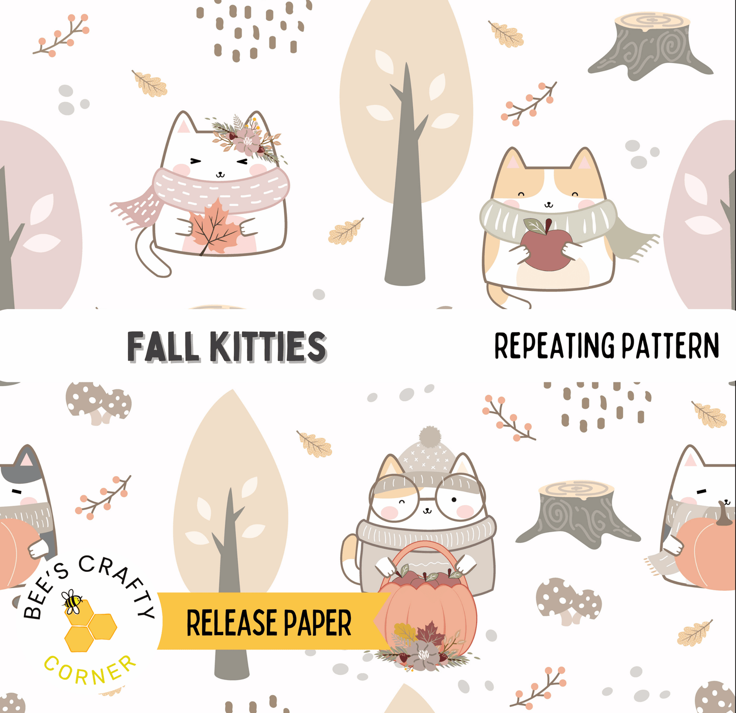The image is a repeating pattern featuring cartoon cats in various fall-themed outfits, such as scarves, hats, and sweaters, along with autumn-colored elements like leaves, pumpkins, and trees.