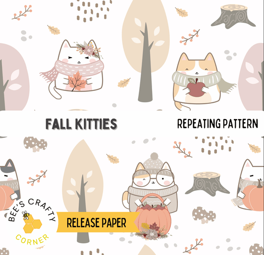 The image is a repeating pattern featuring cartoon cats in various fall-themed outfits, such as scarves, hats, and sweaters, along with autumn-colored elements like leaves, pumpkins, and trees.