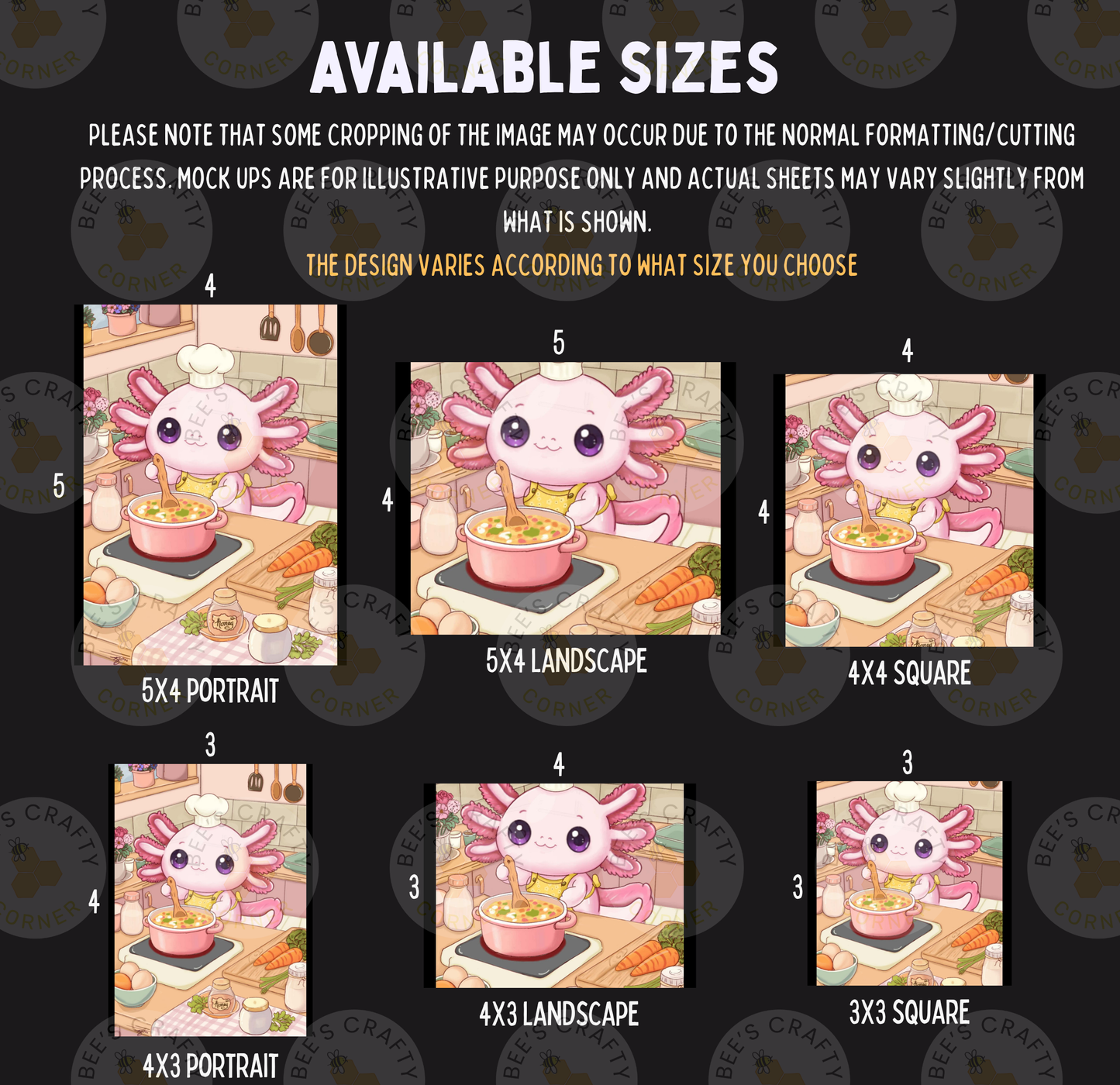 The image is a collage of six different images featuring a cute cartoon axolotl, a type of salamander, cooking in a kitchen. The images vary in size, ranging from 5x4 to 5x6, and are labeled with the corresponding size in the top left corner.