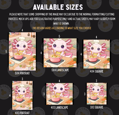 The image is a collage of six different images featuring a cute cartoon axolotl, a type of salamander, cooking in a kitchen. The images vary in size, ranging from 5x4 to 5x6, and are labeled with the corresponding size in the top left corner.