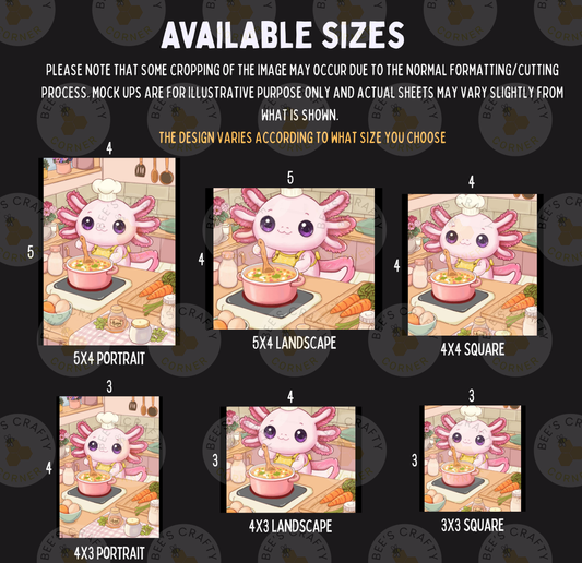 The image is a collage of six different images featuring a cute cartoon axolotl, a type of salamander, cooking in a kitchen. The images vary in size, ranging from 5x4 to 5x6, and are labeled with the corresponding size in the top left corner.