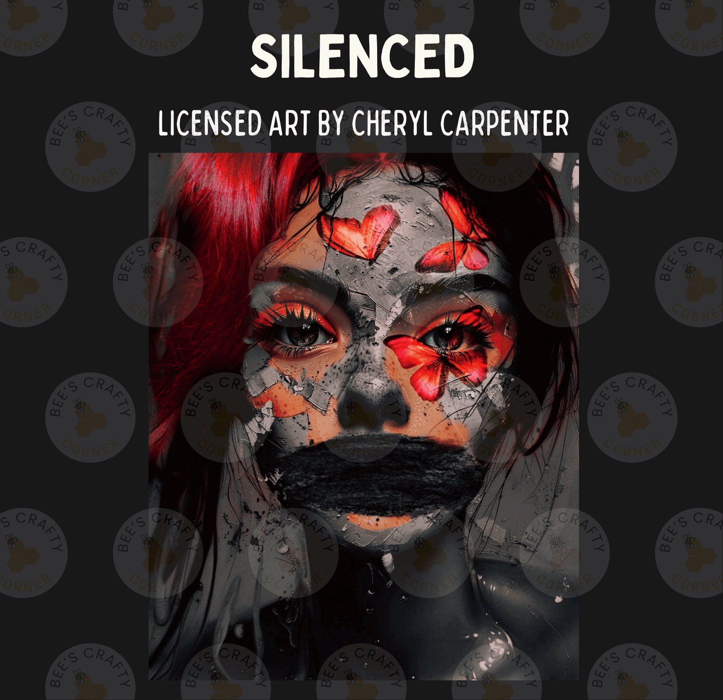 The image is a collage featuring a close-up of a person's face with striking red hair and dramatic makeup, including butterfly-like patterns.