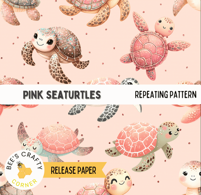 The image is a repeating pattern of pink sea turtles swimming against a pink background.