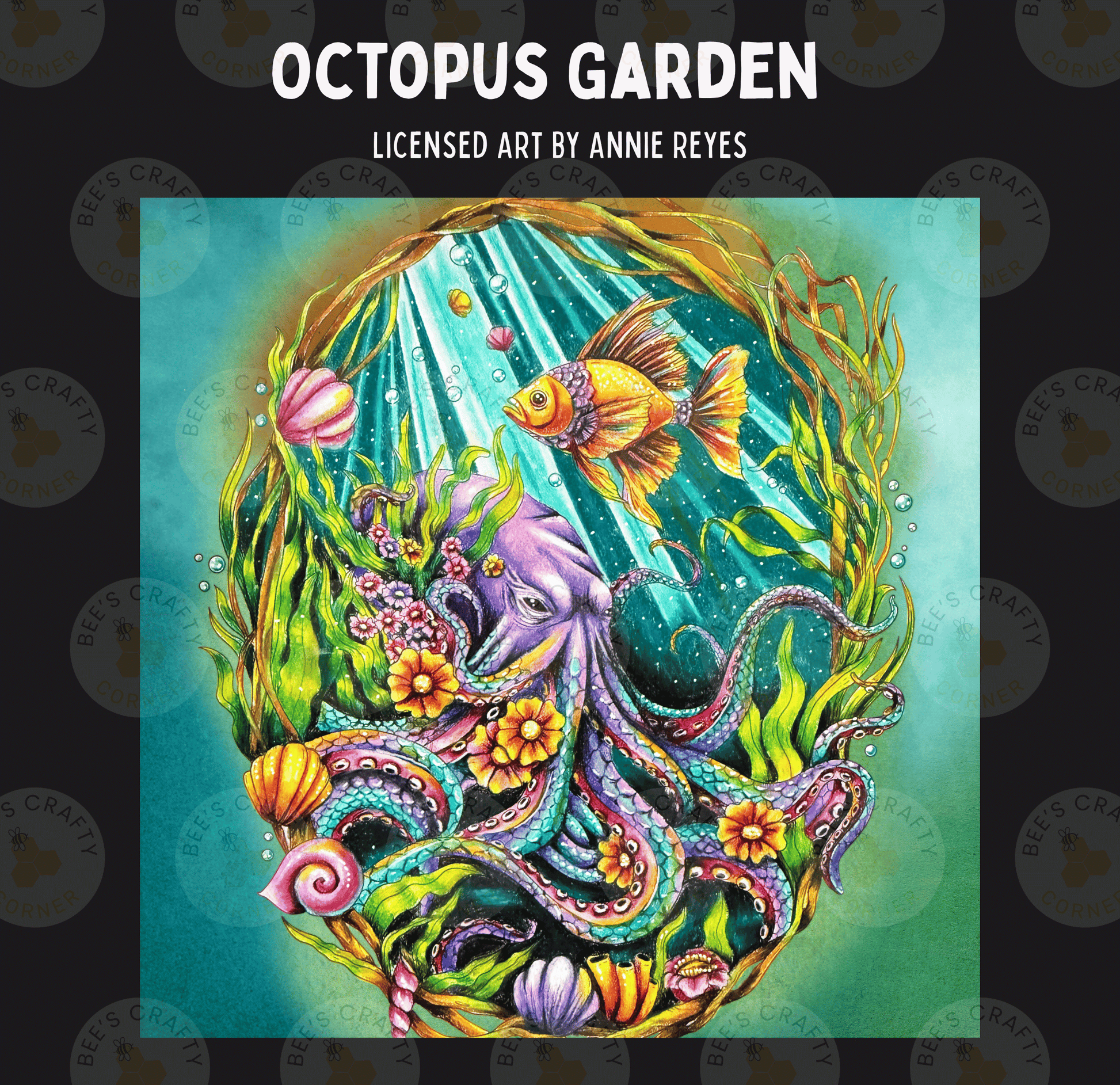 The image is a vibrant and colorful painting depicting an underwater scene with an octopus, fish, and various marine life.