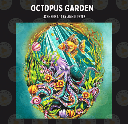 The image is a vibrant and colorful painting depicting an underwater scene with an octopus, fish, and various marine life.