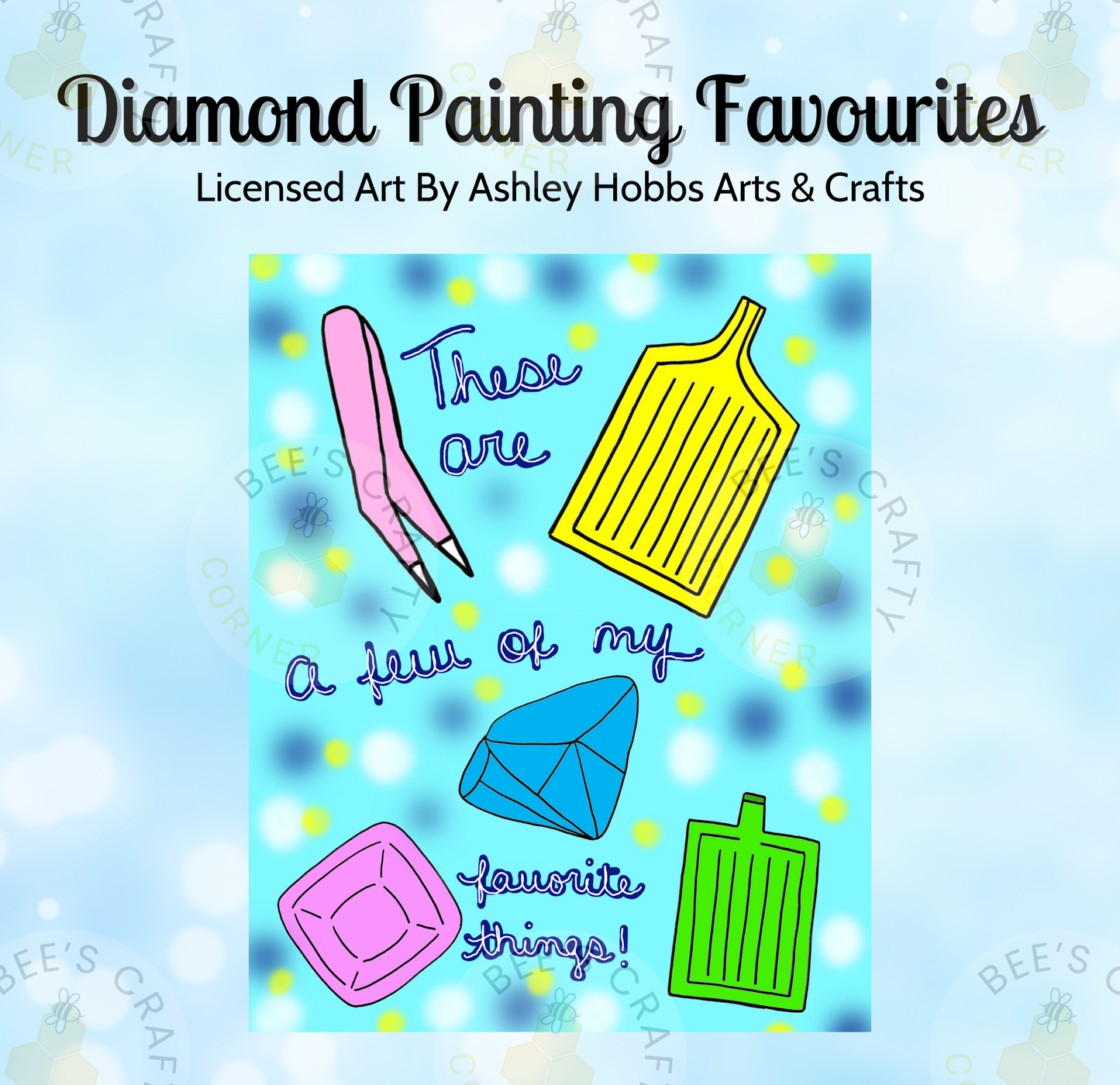 The image is a collage of various colorful illustrations, including a diamond, a pair of scissors, and other objects, along with a handwritten message that reads "These are a few of my favorite things!"