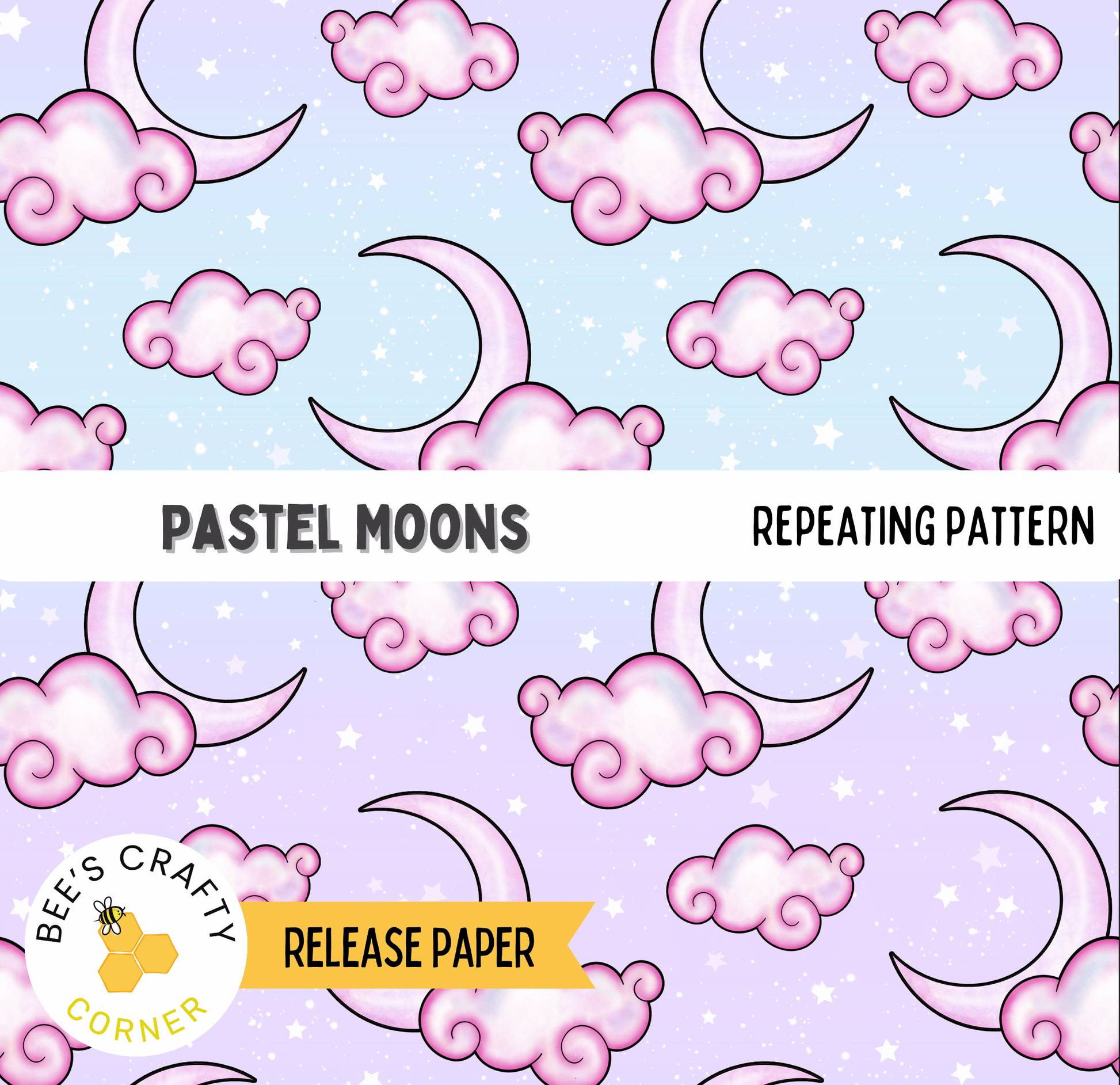 The image is a repeating pattern of pastel-colored crescent moons against a purple background with white stars.