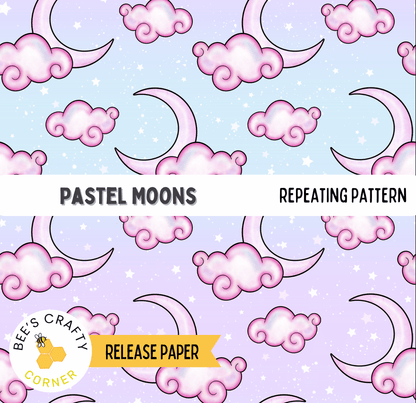The image is a repeating pattern of pastel-colored crescent moons against a purple background with white stars.
