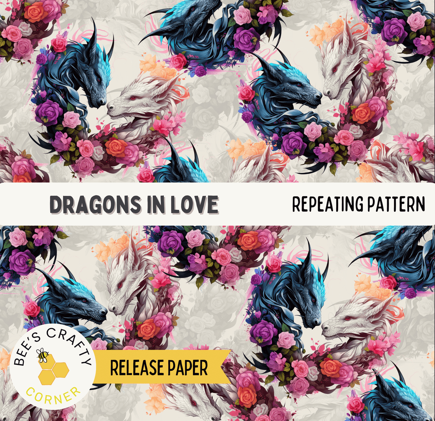 The image is a repeating pattern of stylized dragon heads and flowers, creating a vibrant and visually striking design.