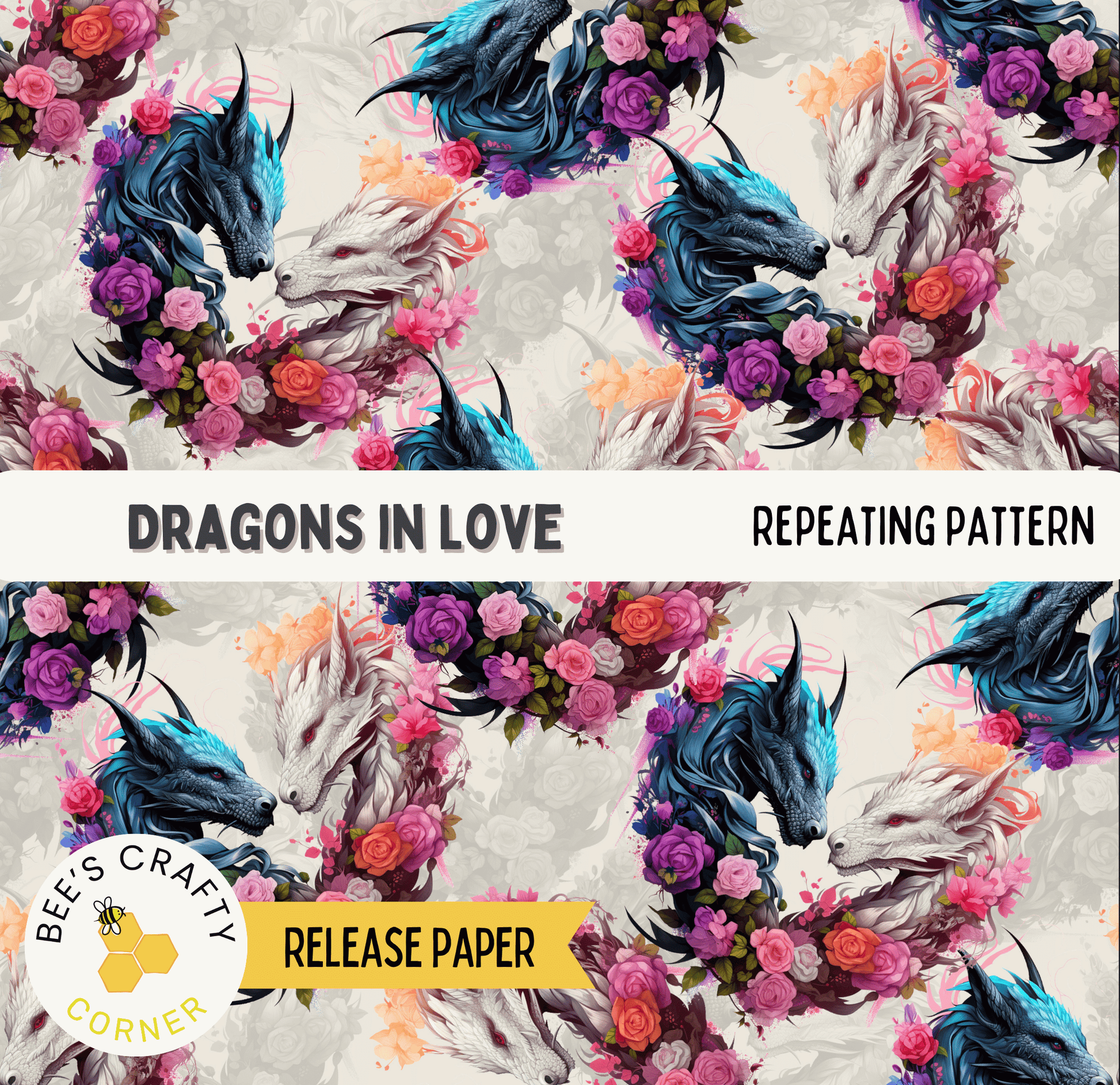 The image is a repeating pattern of stylized dragon heads and flowers, creating a vibrant and visually striking design.