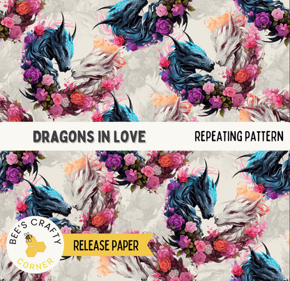 The image is a repeating pattern of stylized dragon heads and flowers, creating a vibrant and visually striking design.