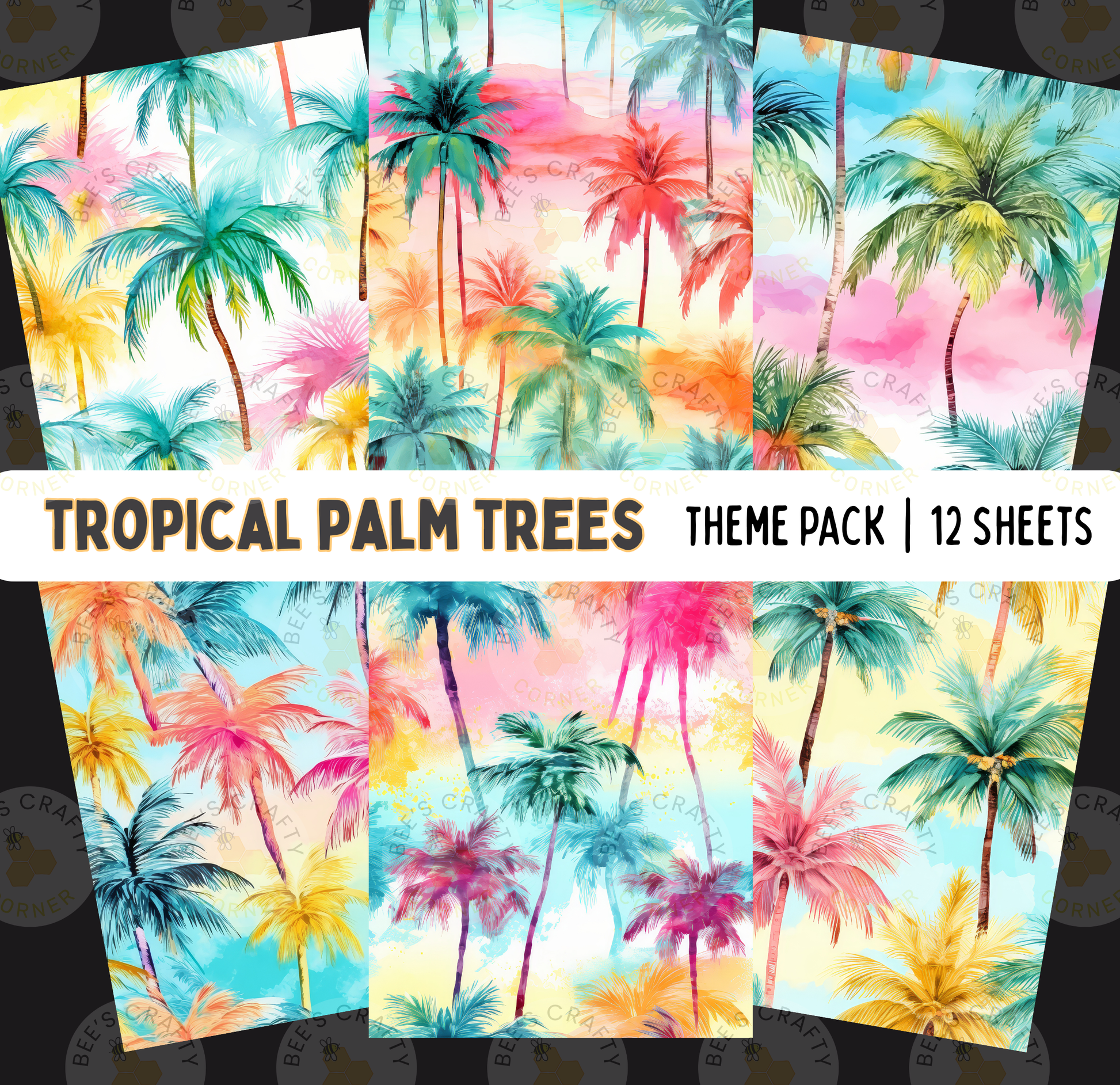 The image is a collage of 12 colorful tropical palm tree images, each with a unique pattern and color scheme. The palm trees are depicted in various shades of green, yellow, pink, and blue, creating a vibrant and lively atmosphere. The collage is titled "Tropical Palm Trees" and includes a " Theme Pack" with 12 sheets, providing a diverse collection of tropical-themed designs for various purposes, such as wallpaper, home decor, or graphic art.