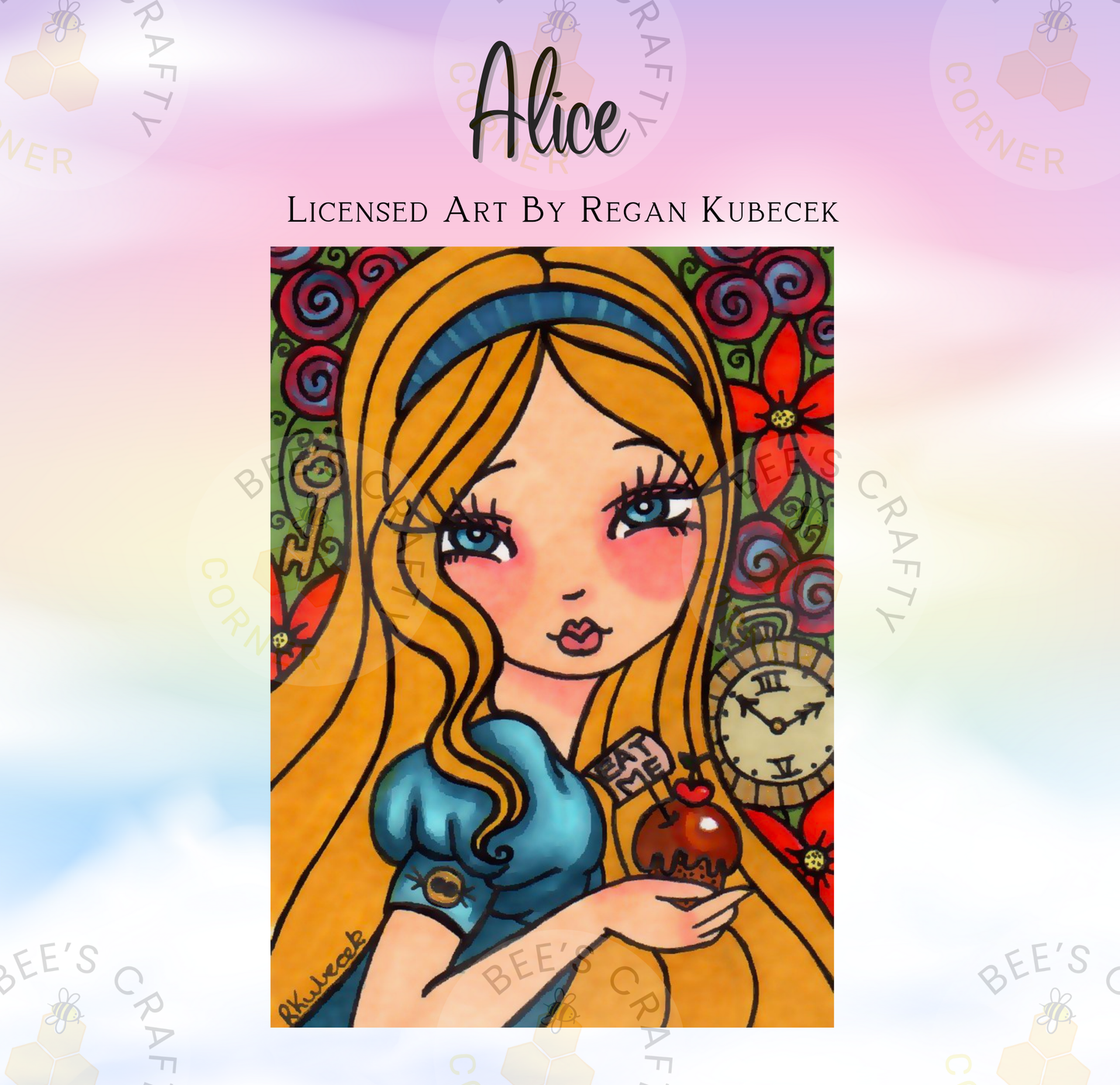 The image is a colorful illustration of a young girl with blonde hair and blue eyes, wearing a blue dress and holding a red apple. The background is filled with various flowers and clocks, creating a whimsical and artistic scene.