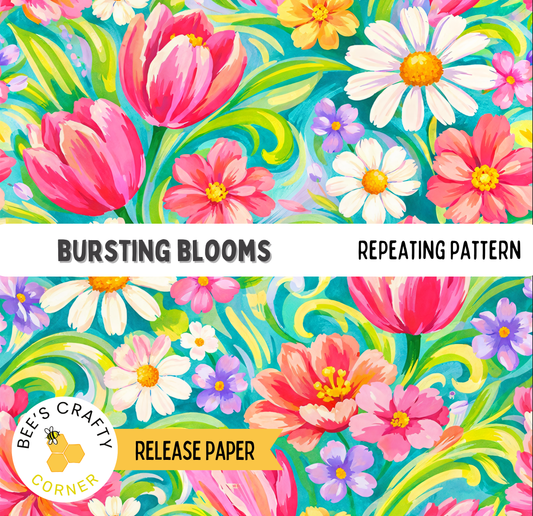 The image is a vibrant and colorful collage of various flowers, including tulips, daisies, and other blooms, arranged in a repeating pattern. The flowers are depicted in different shades of pink, white, and yellow, creating a visually striking and lively composition.