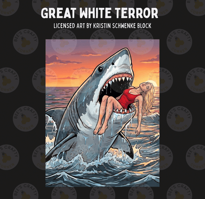 a woman in a red dress being attacked by a large shark with its mouth open, as if she is being bitten.