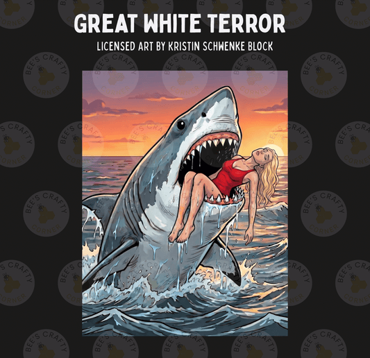 a woman in a red dress being attacked by a large shark with its mouth open, as if she is being bitten.