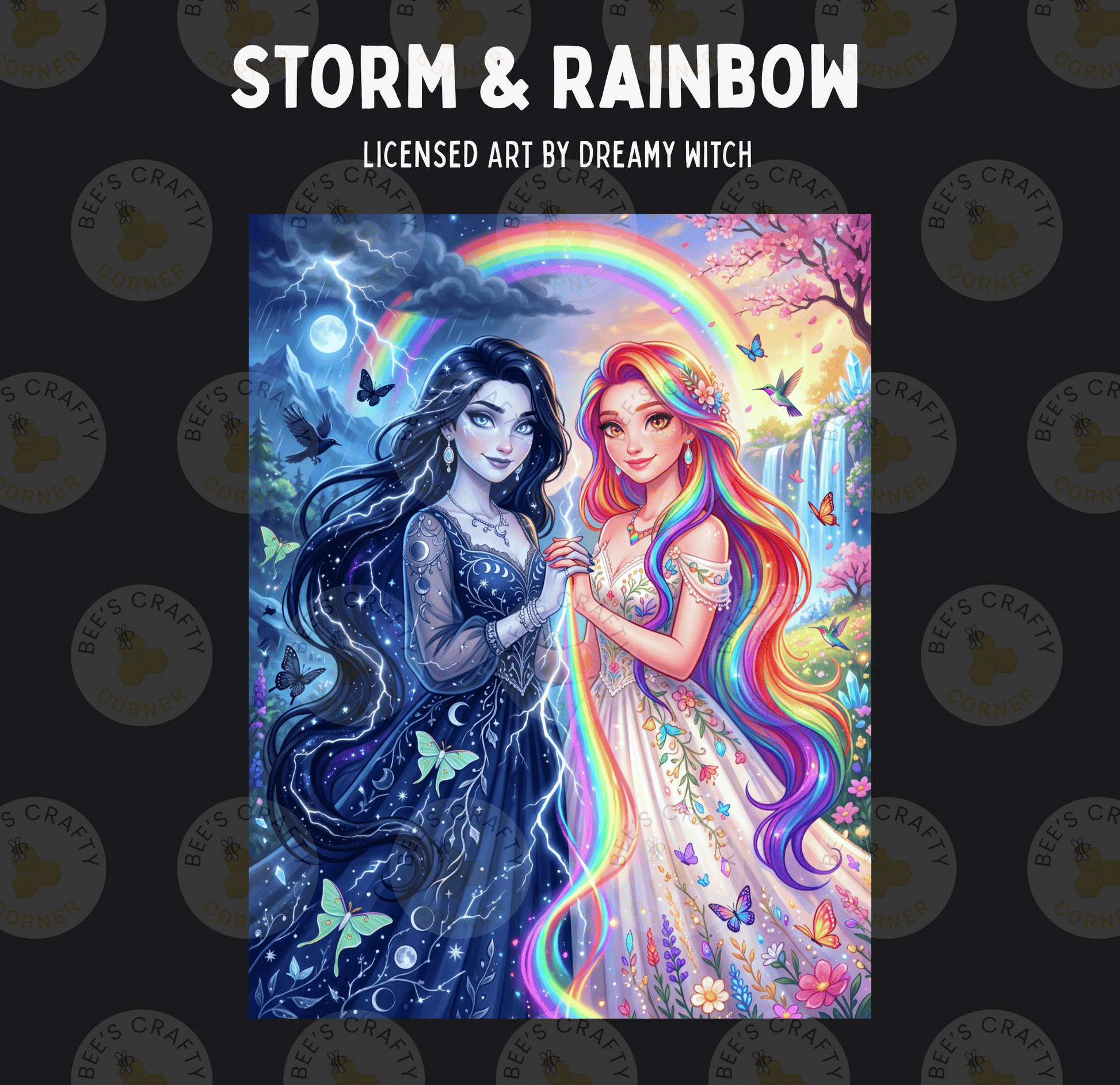 The image is a vibrant illustration featuring two fantastical female characters, one with long dark hair and the other with long blonde hair, standing together in a fantastical landscape. The background is filled with a mix of natural elements, such as a rainbow, flowers, and butterflies, as well as elements of the night sky, including lightning and a full moon. The overall composition is visually striking and imaginative, showcasing the artist's skill and creativity.