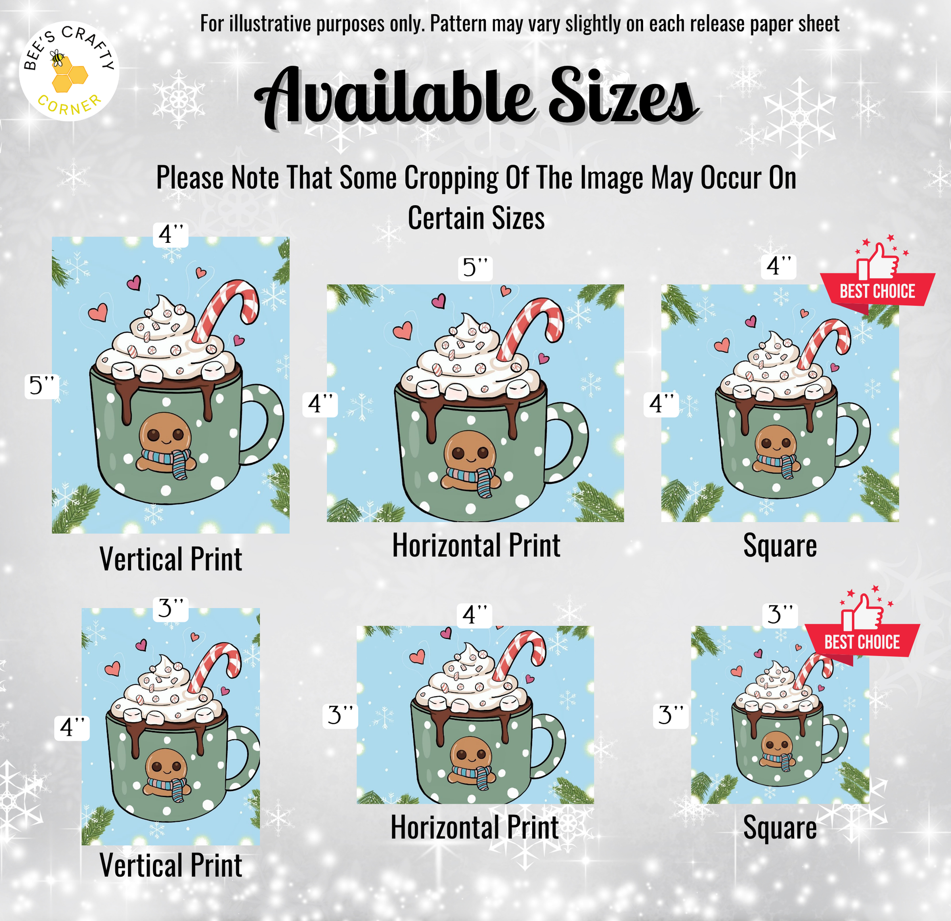 The image is a collection of six different sizes of illustrations of hot chocolate mugs, each with a unique design and style.