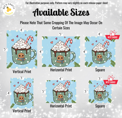 The image is a collection of six different sizes of illustrations of hot chocolate mugs, each with a unique design and style.