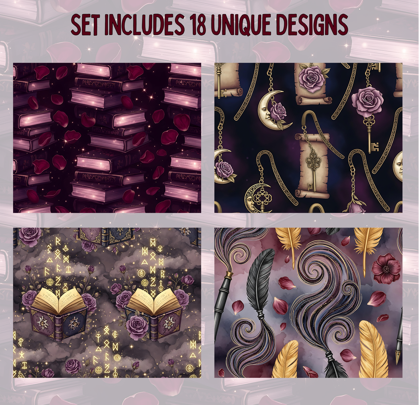 four distinct designs, each with its own unique pattern and color scheme. The designs include a pattern of purple flowers, a pattern of golden roses, a pattern of a crescent moon, and a pattern of feathers and rose petals.