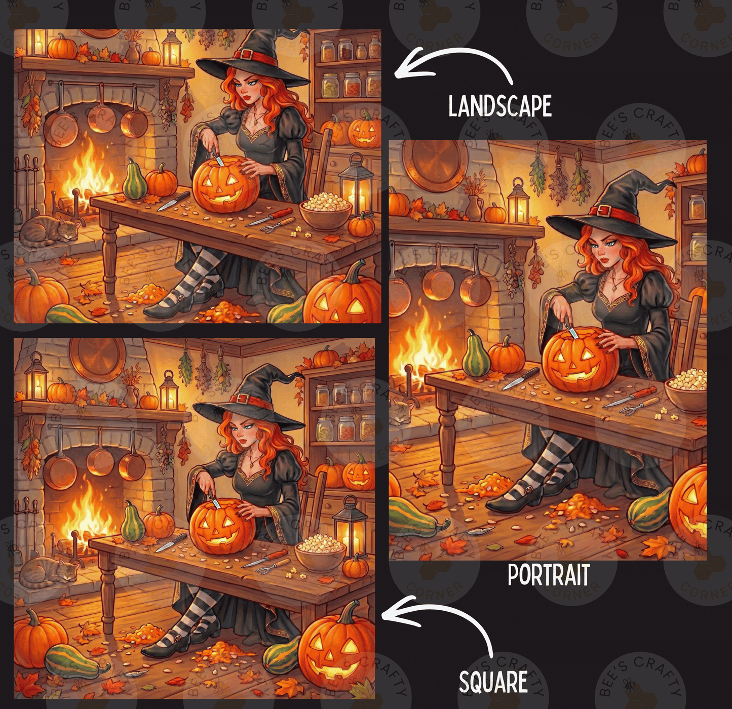 The image is a collage of three images depicting a witch carving a jack-o-lantern. The first image shows the witch sitting at a table with a carved pumpkin, the second image shows the witch carving the pumpkin, and the third image shows the completed jack-o-lantern. The image is labeled as a landscape, portrait, and square, and the text "LANDSCAPE" is present in the top right corner.