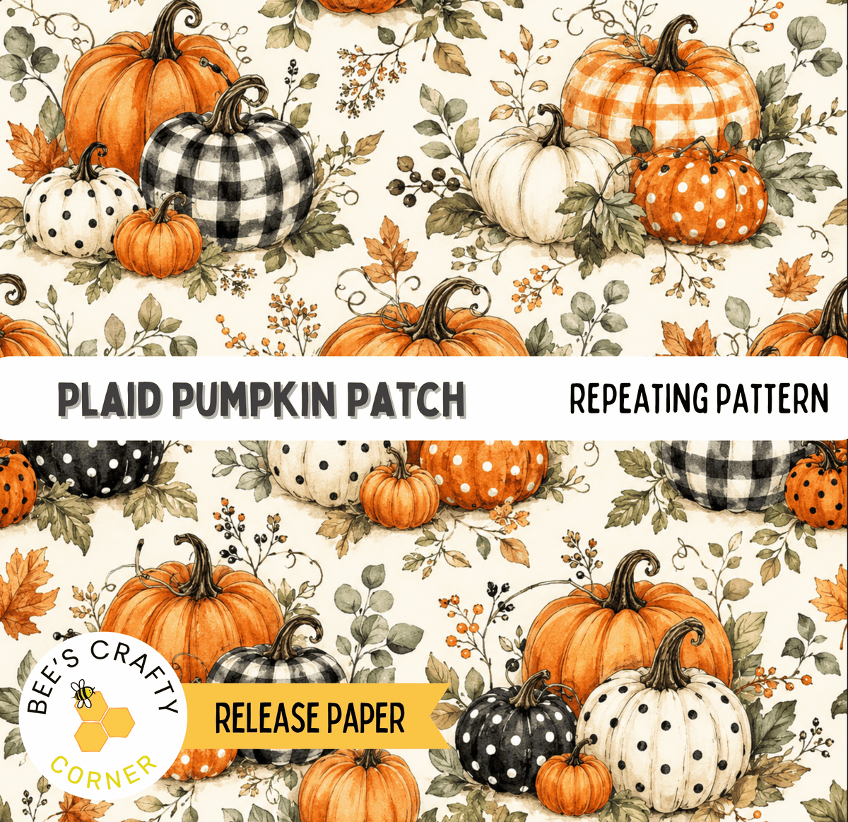 The image is a repeating pattern of plaid pumpkins and other autumn-themed elements, including leaves and berries, against a white background.