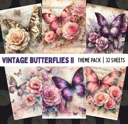 The image is a theme pack of vintage butterflies, containing 32 sheets of artwork featuring various butterfly designs and floral elements.