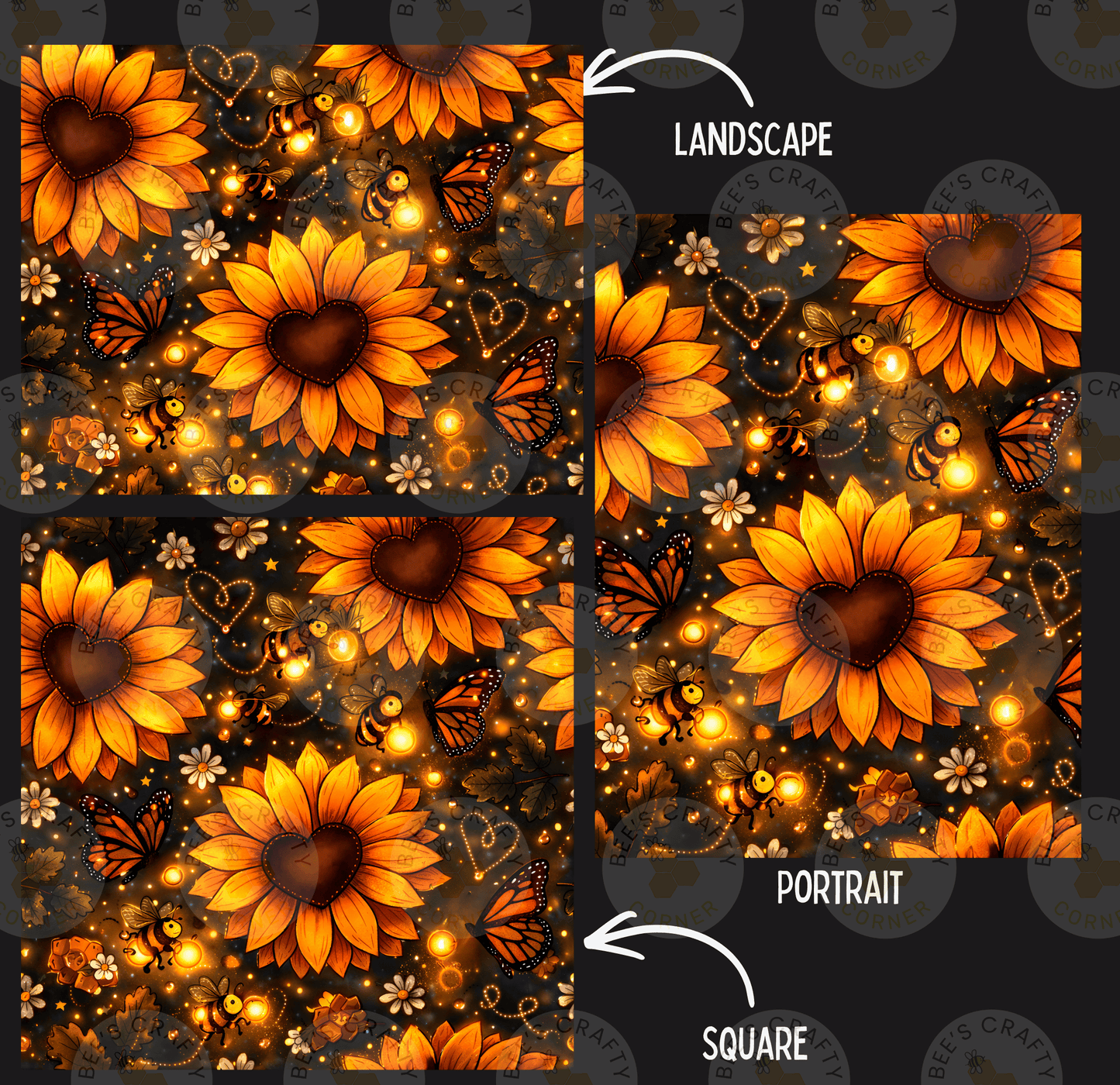 The image is a collage of four images, each featuring a vibrant and colorful pattern of sunflowers, butterflies, and other floral elements. The images are arranged in a square format, with the top left corner labeled "LANDSCAPE" and the bottom right corner labeled "PORTRAIT".