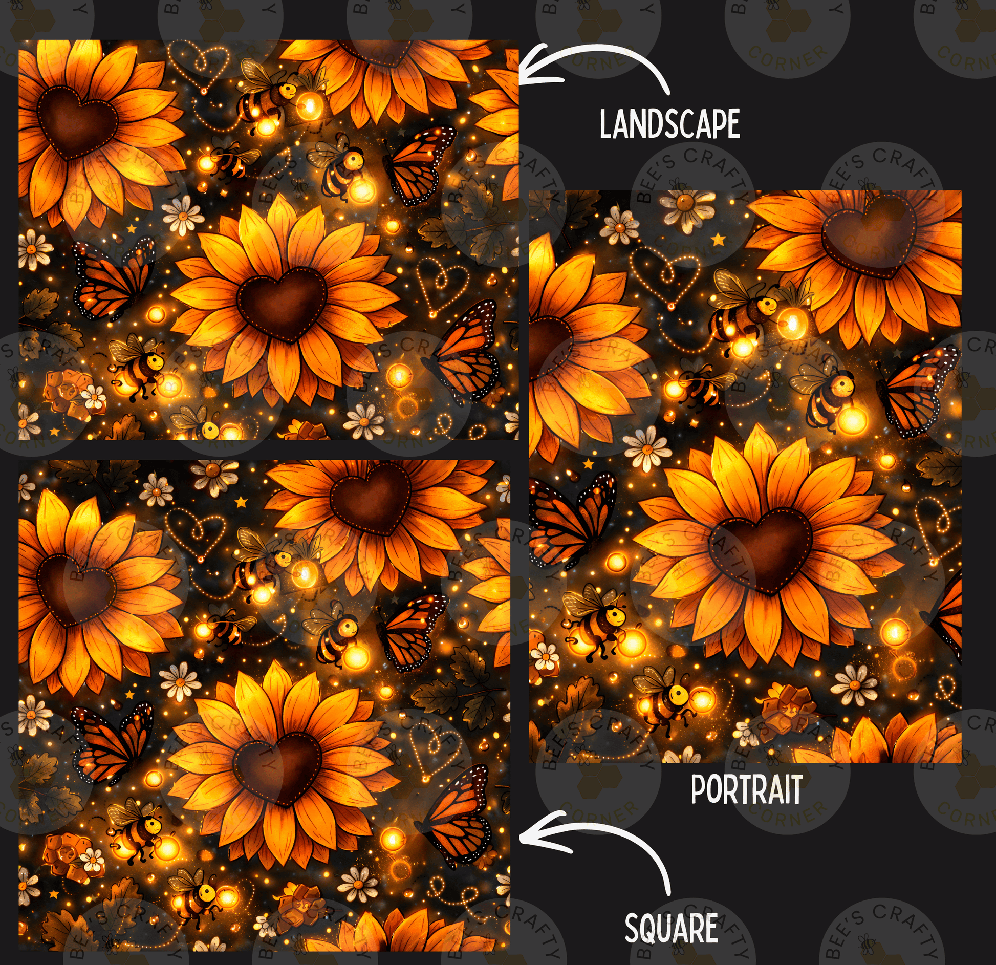 The image is a collage of four images, each featuring a vibrant and colorful pattern of sunflowers, butterflies, and other floral elements. The images are arranged in a square format, with the top left corner labeled "LANDSCAPE" and the bottom right corner labeled "PORTRAIT".