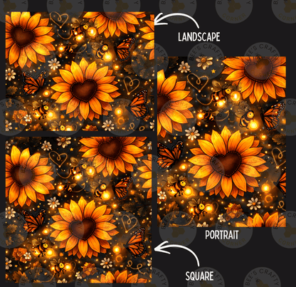 The image is a collage of four images, each featuring a vibrant and colorful pattern of sunflowers, butterflies, and other floral elements. The images are arranged in a square format, with the top left corner labeled "LANDSCAPE" and the bottom right corner labeled "PORTRAIT".