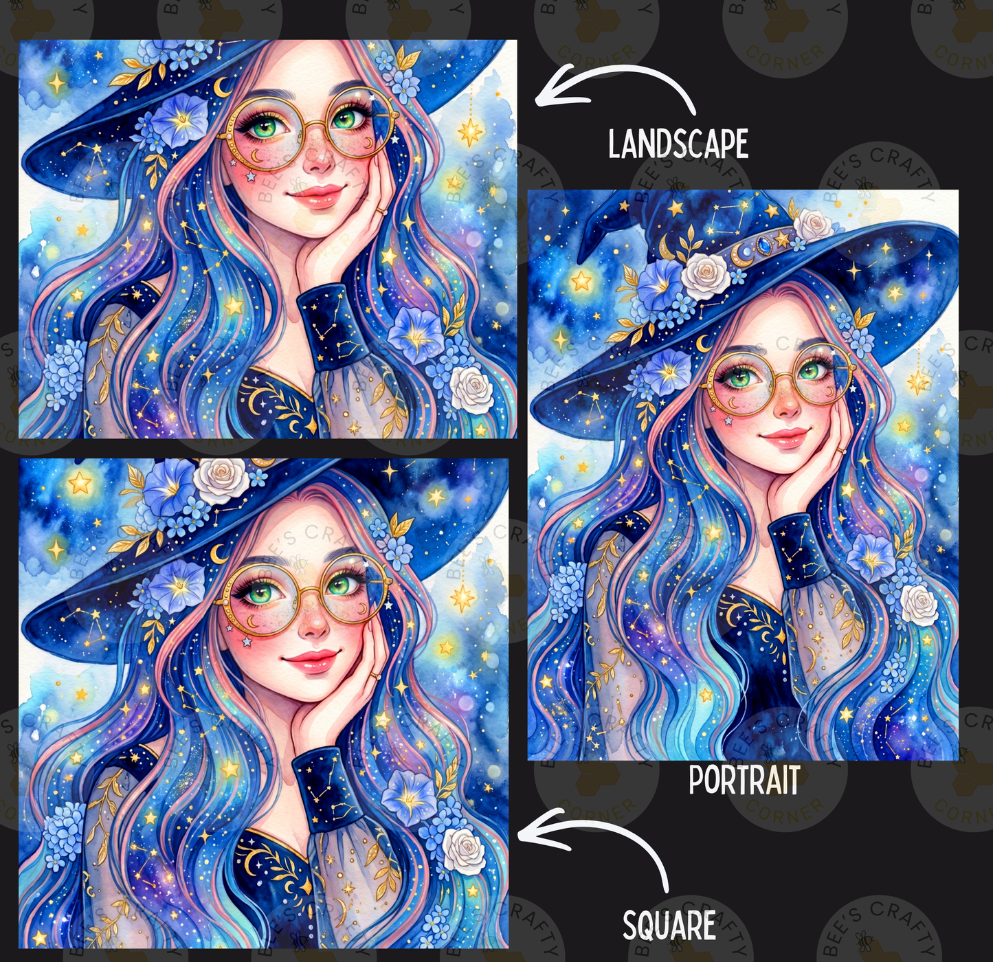 The image is a collage of three pictures depicting a woman with long, blue hair and a blue hat adorned with flowers. The woman is wearing glasses and has a radiant smile. The collage is labeled as a "LANDscape" and a "Portrait" with a "square" label, indicating that it is a square portrait of the woman.