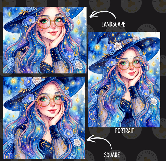 The image is a collage of three pictures depicting a woman with long, blue hair and a blue hat adorned with flowers. The woman is wearing glasses and has a radiant smile. The collage is labeled as a "LANDscape" and a "Portrait" with a "square" label, indicating that it is a square portrait of the woman.
