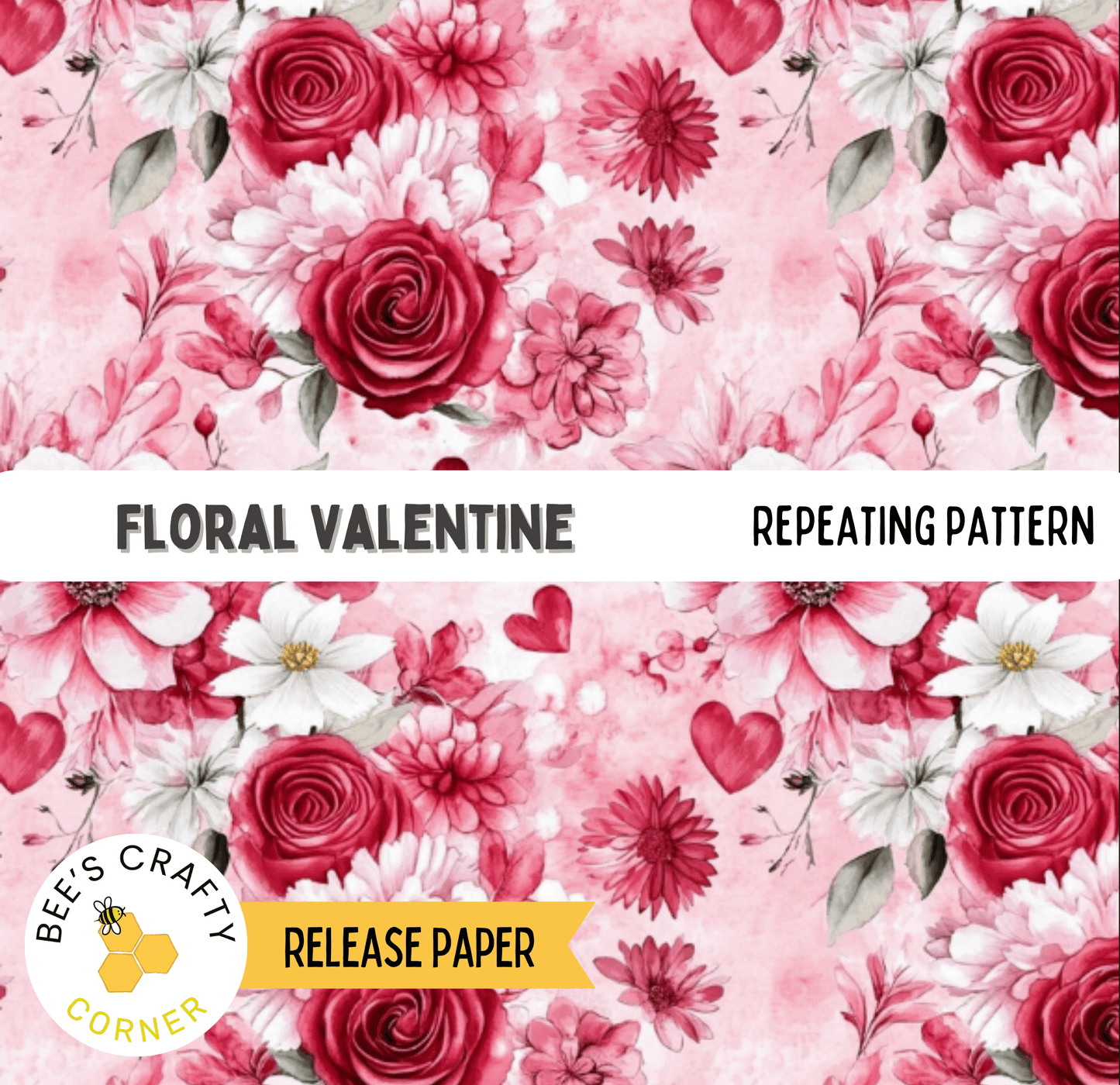 The image is a repeating pattern of pink and white flowers, including roses, against a pink background.