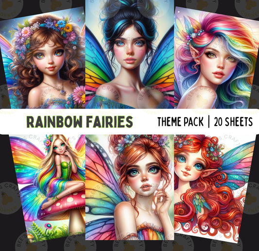 The image is a theme pack of 20 colorful and whimsical illustrations of fairy characters, including rainbow fairies, with various hairstyles and accessories.