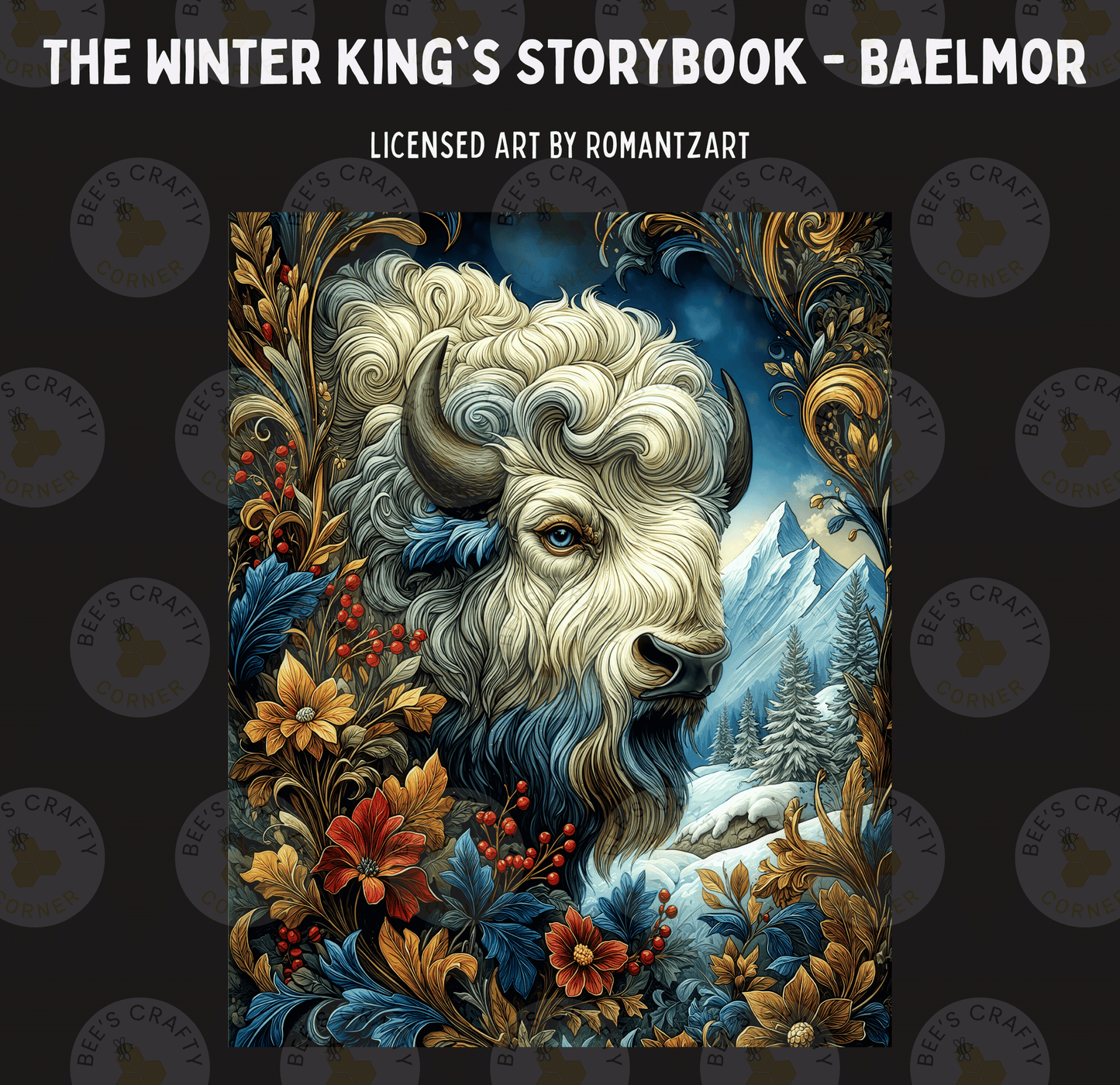 The image is a detailed illustration of a white buffalo with a blue mane, surrounded by a vibrant array of flowers and foliage. The buffalo is set against a snowy mountain landscape, creating a striking contrast between the natural elements and the wintery setting.