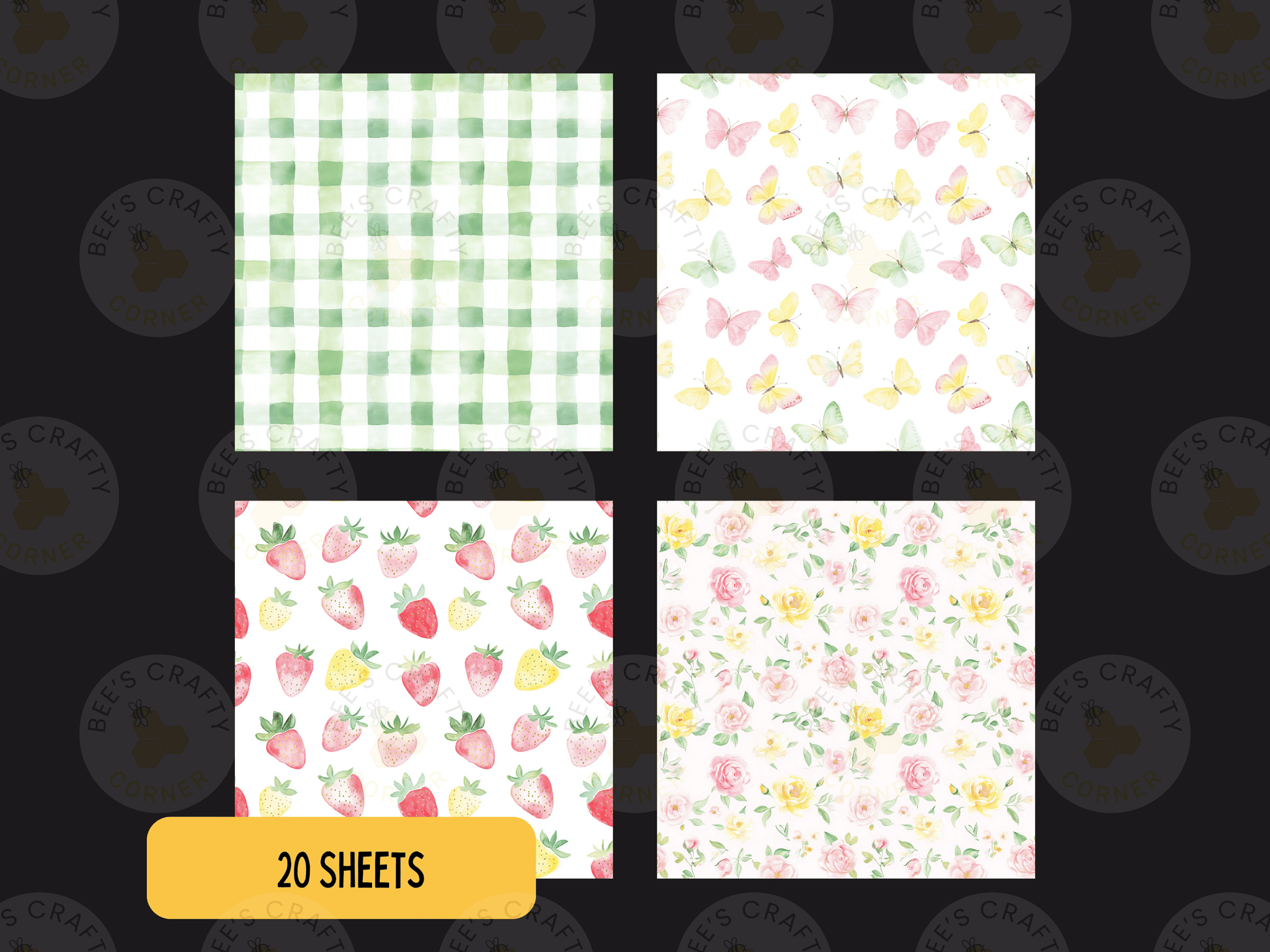 four square patterns, each with a different design, including a checkered pattern, a floral pattern, a strawberry pattern, and a butterfly pattern.