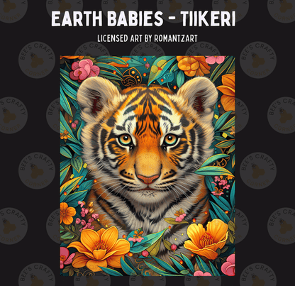 The image is a vibrant illustration of a tiger surrounded by a lush, colorful floral and leafy background.