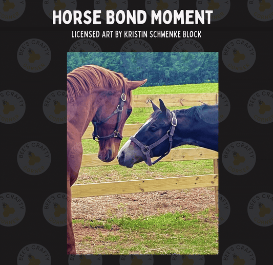 two horses, one brown and one black, standing in a fenced area with a grassy field in the background.