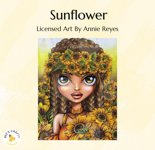 The image is a vibrant illustration of a young woman with large, expressive eyes and a head adorned with a crown of sunflowers. The background is filled with an abundance of sunflowers, creating a cheerful and lively atmosphere. The image is a creative and artistic representation of a woman surrounded by the beauty of nature.