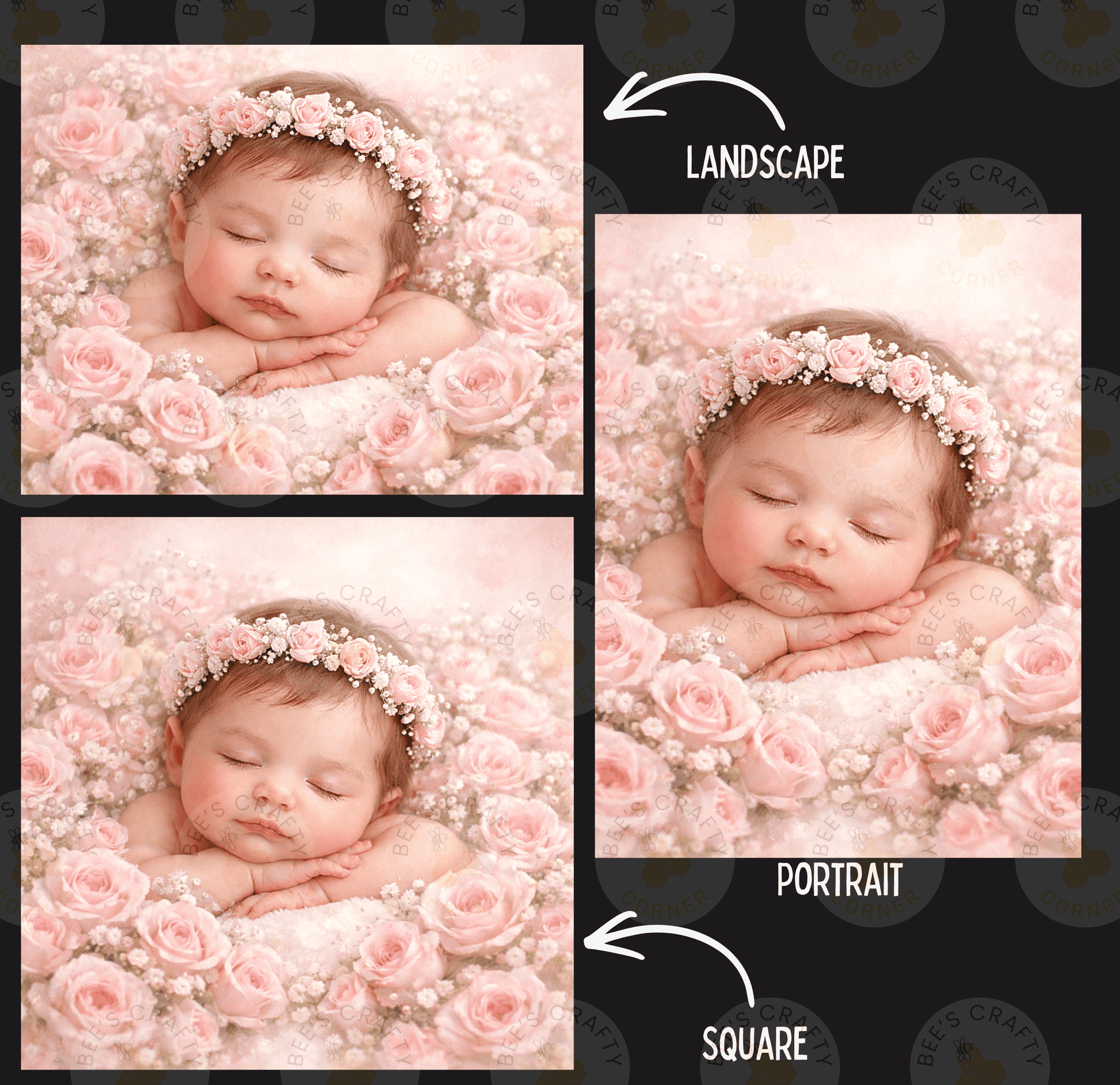 A collage of three images depicting a sleeping baby surrounded by pink roses. The first image shows the baby in a landscape setting, the second image is a portrait of the baby, and the third image is a square portrait of the baby.