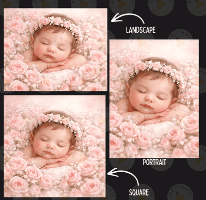 A collage of three images depicting a sleeping baby surrounded by pink roses. The first image shows the baby in a landscape setting, the second image is a portrait of the baby, and the third image is a square portrait of the baby.