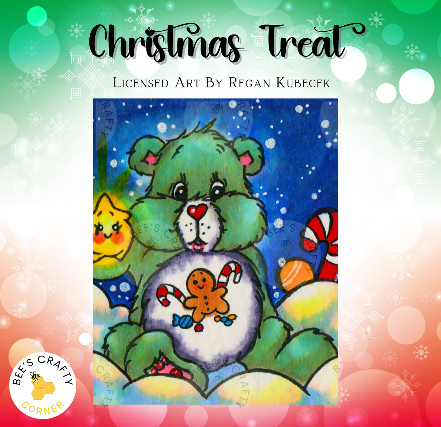 The image is a colorful illustration of a green teddy bear holding a gingerbread man, surrounded by various holiday-themed elements such as snowflakes, candy canes, and a star.